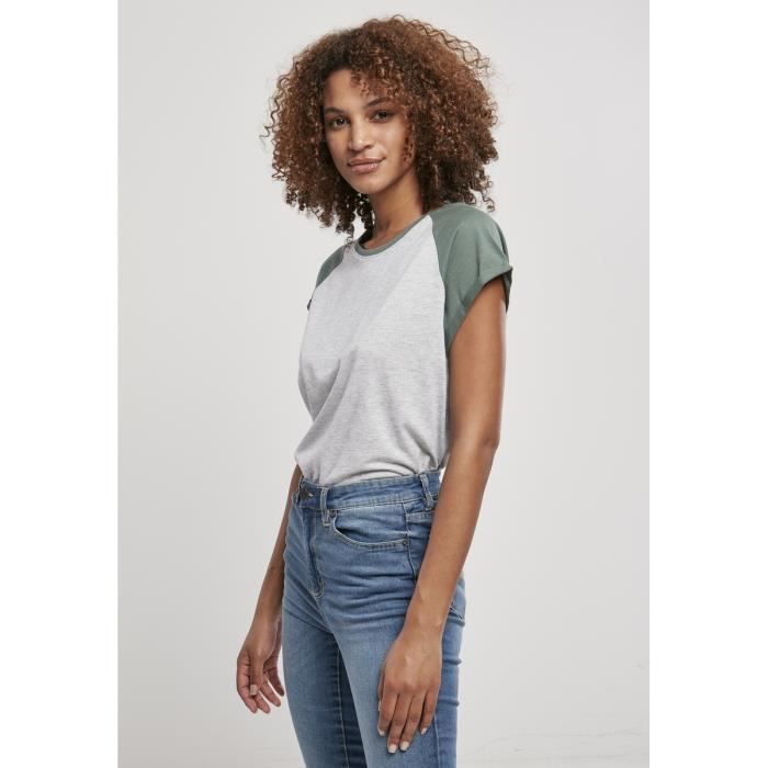 T-shirt femme - Urban Classics - Raglan contrasté - Gris clair/vert - 3XL - Manches courtes