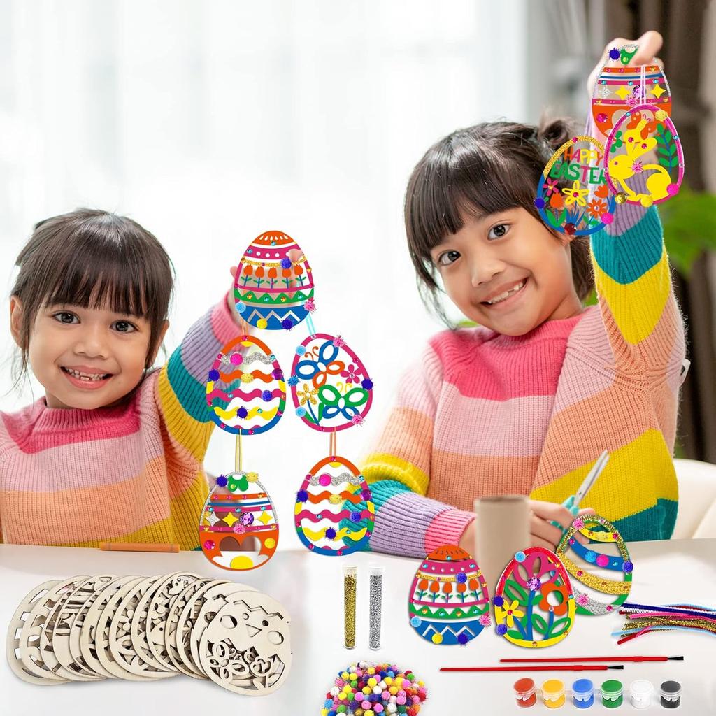 DIY Wooden Easter Egg Craft Kit Includes Unfinished Painted Egg Wall Hanging with Floral and Jagged Patterns Easter Decorations
