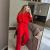Womens Retro Streetwear Set Winter Loose Solid Color Polo Hoodie Wide Leg Pants Outfit