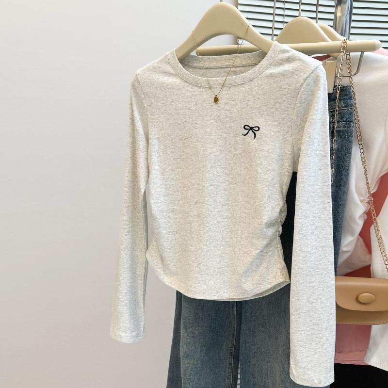 

Real shot sweet Spice Girl pleated waist embroidered long-sleeved T-shirt women s season slim-fitting bottoming shirt S