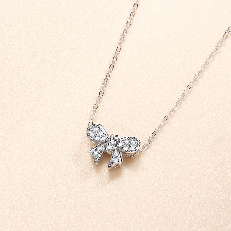 Korean-Style 925 Sterling Silver Bow Pendant Necklace for Women 925 Silver