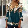 Women 3D Flower Print Pullover T-Shirt Top Loose Hem V-neck Buttons Half Placket 3 4 Sleeves Streetwear Blouse