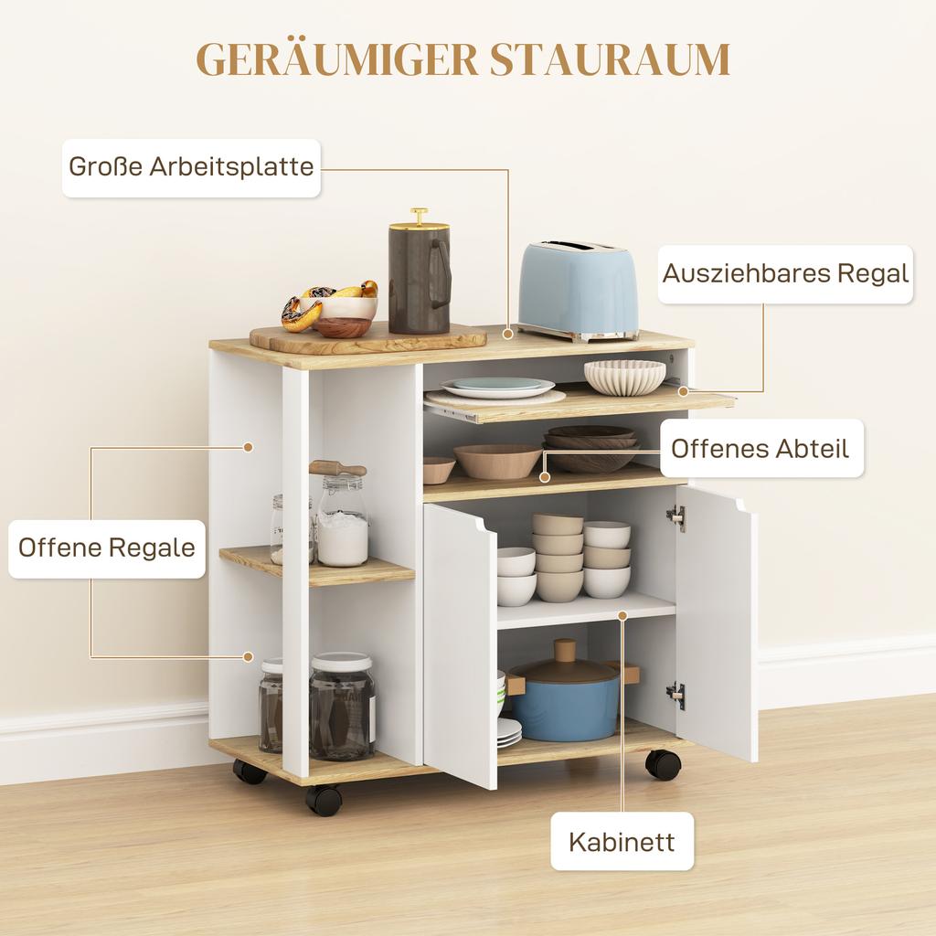 Rolling Kitchen Cart with Storage, Cabinet, Adjustable Shelves, for Kitchen, Living Room, Dining Room, White