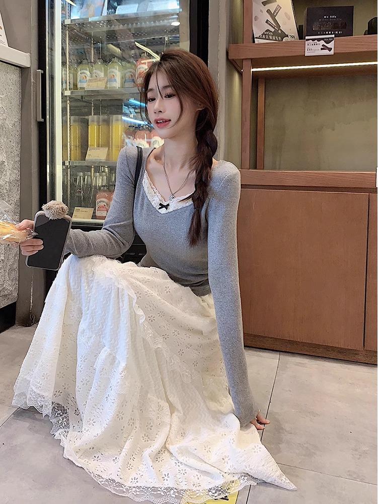 Gray Lace-Stitched Long Sleeve Top: 2024 Spring/Autumn Niche Women's Shirt