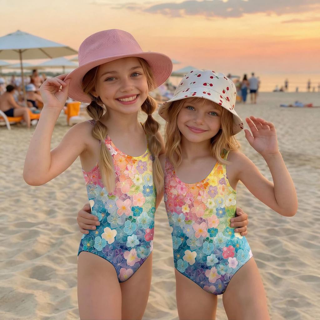 Girls Floral Print One Piece Swimsuit Summer Casual Kids Swimwear Lightweight Comfortable Fabric Suitable for Beach Pool Water Activities