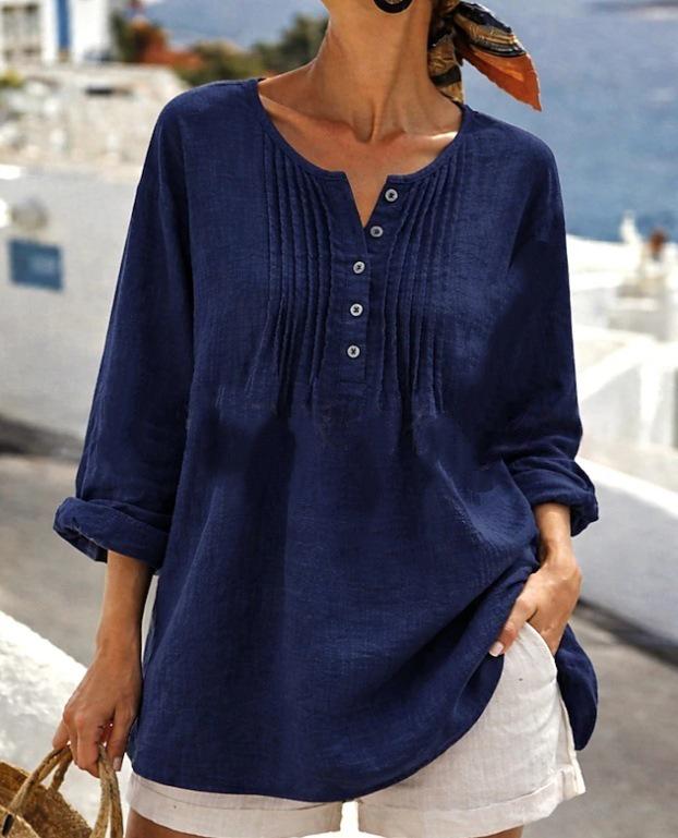 Loose Cotton & Linen Women s Plus Size Long-Sleeve Pleated Round Neck Shirt XXXXL