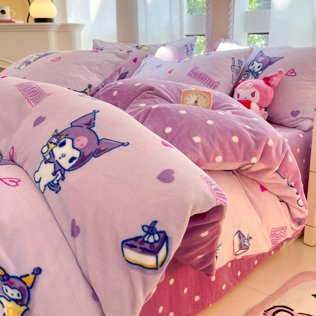 Children'S Thickened Milk Fleece Bed Four-Piece Warm Coral Fleece Fleece Quilt Cover Student Bedding