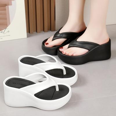 Mode Neue Sommer Pantoletten mit Absatz Klobige Plateau Flip Flops Damen Zehensteg Keilabsatz Strandsandalen Dicke Sohle Slides