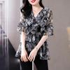 Loose Floral Print Chiffon Shirt for Women French Black Top Spring/Summer New Mom V-neck Bottoming Blouse M-4XL