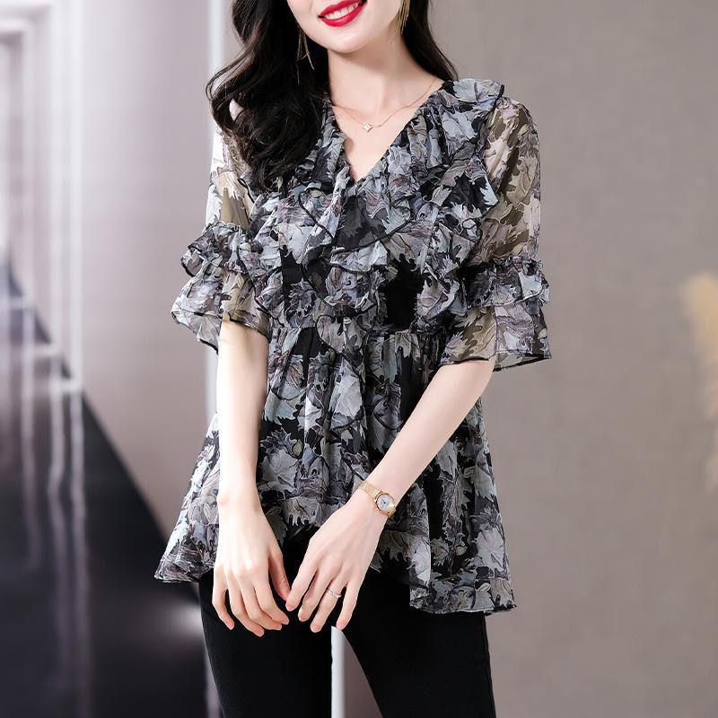 Loose Floral Print Chiffon Shirt for Women French Black Top Spring/Summer New Mom V-neck Bottoming Blouse M-4XL