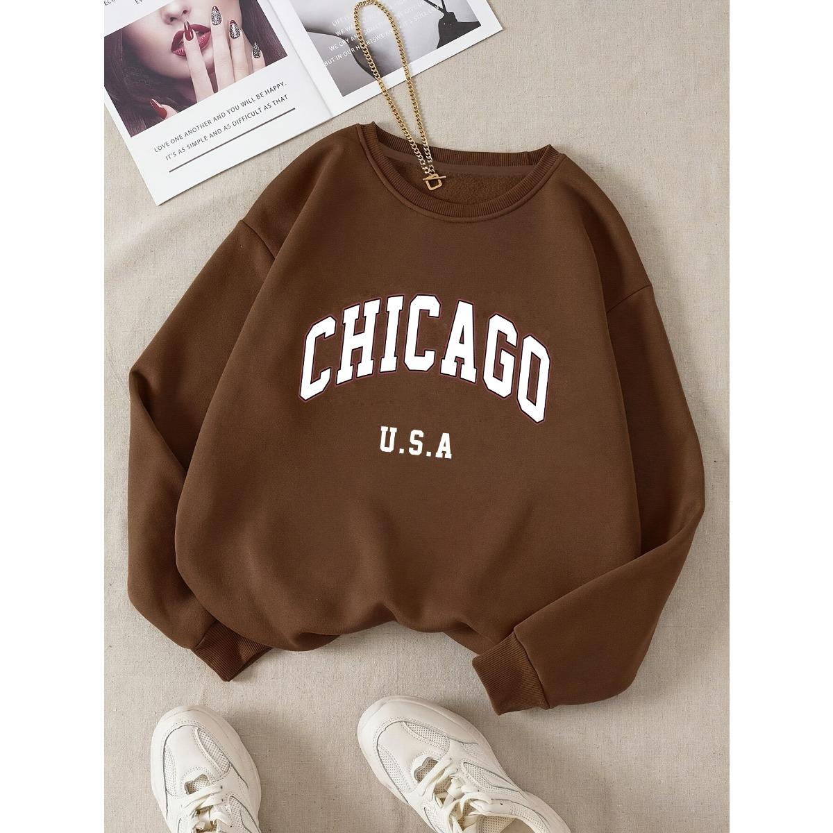 

Женский спортивный свитшот с круглым вырезом в стиле кэжуал с американским принтом Чикаго - Теплый для осени и зимы, Универсальный повседневный наряд, Свободный крой M темно-коричневого