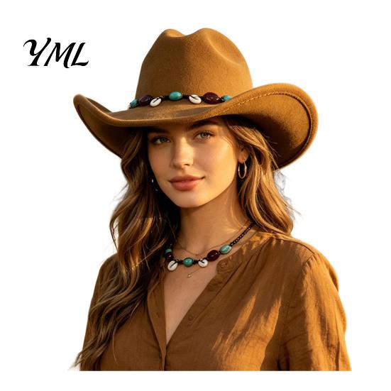 Wide Brim Felt Hat Wool Fedora, Unisex Western Cowboy Hat, Retro Sun Protection Fall Cowgirl Jazz for Women Men Autumn Winter Large Face Slimming