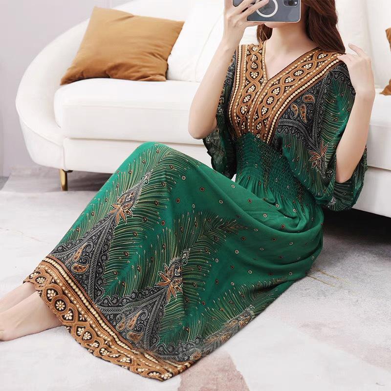 Ethnic Style V-neck Cotton and Silk Short-sleeved Beach Dress Thailand Travel Dress Summer Print Vacation Floral Skirt