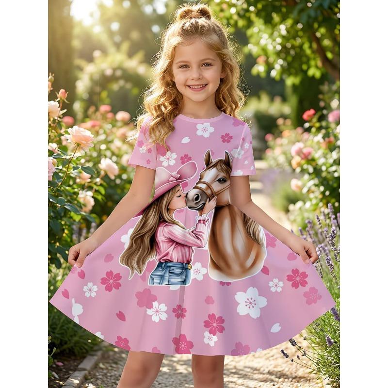 Children s Clothing Girl Cute Funny Animal Horse 3D Printed Graphic Summer Dresses Comfortable Crew Neck 110