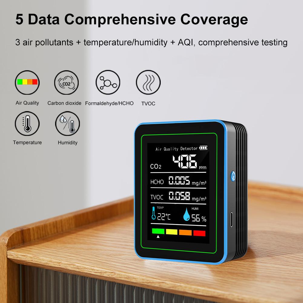 5 In 1 Digital Air Quality Monitor CO2 HCHO TVOC Humidity and Temperature Monitor CO2 Tester for Home Office LCD Rechargeable