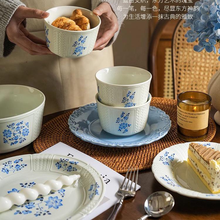 French Blue Flower Retro Tableware Set, High-Value Ceramic Bowls, Plates, Bowls, Housewarming, New Year'S Dish Set, Household
