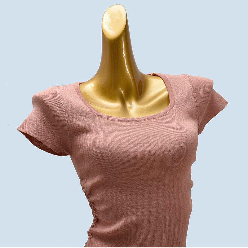 Knitted Simple Pleat Summer New Short sleeve knit Women Slim fit Slimming Square Collar Solid All-Match Base Top