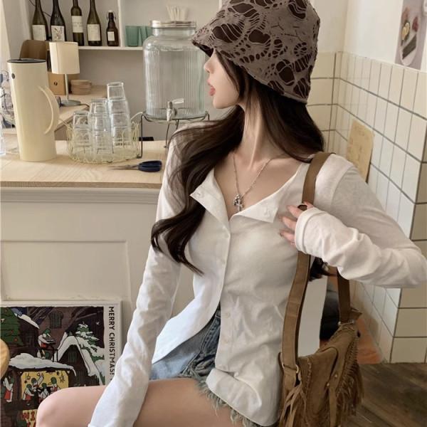 Women's V Neck Long Sleeve Button Down Shirt Slim Fit Korean Style Solid Color Sun Protection Cardigan Casual Top