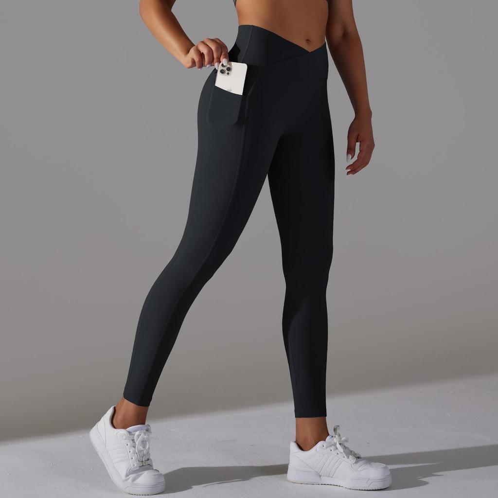 Solid Color Nude Skin-friendly Cross-waist Pocket Yoga Pants High-waisted Hip-lifting Stretch Fitness Exercise Nine-minute Pants