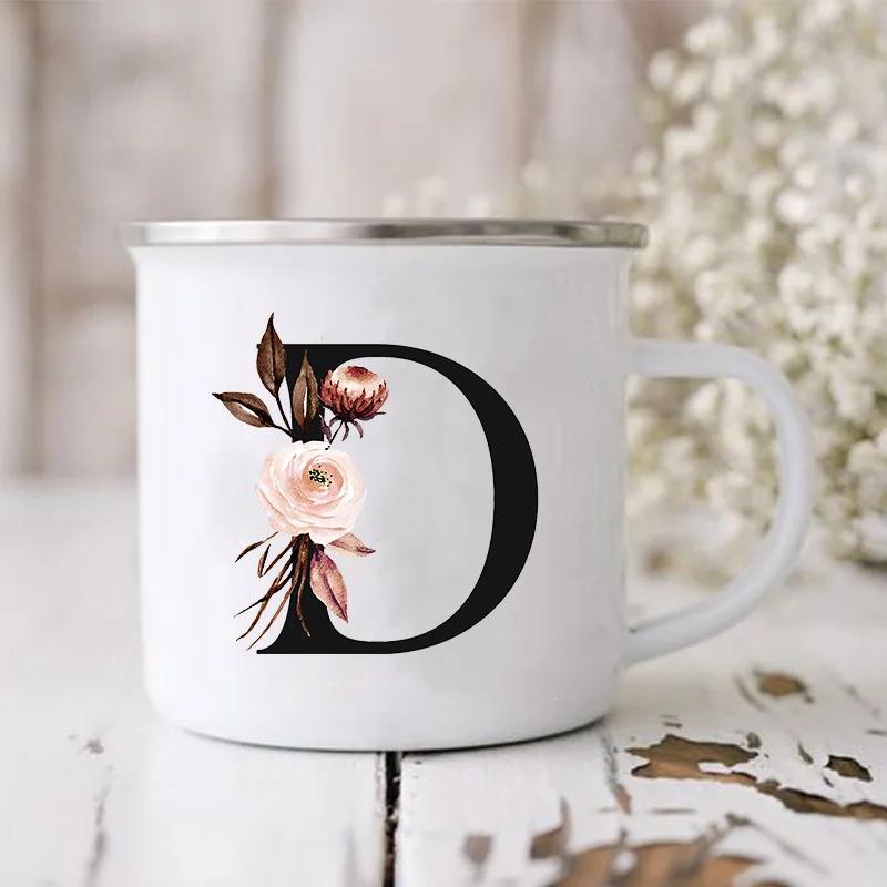 Initial Letter Print Mugs Enamel Creative Coffee Cups Drinks Wine Juice Milk Cup Vintage Home Office Handle Drinkware Best Gifts