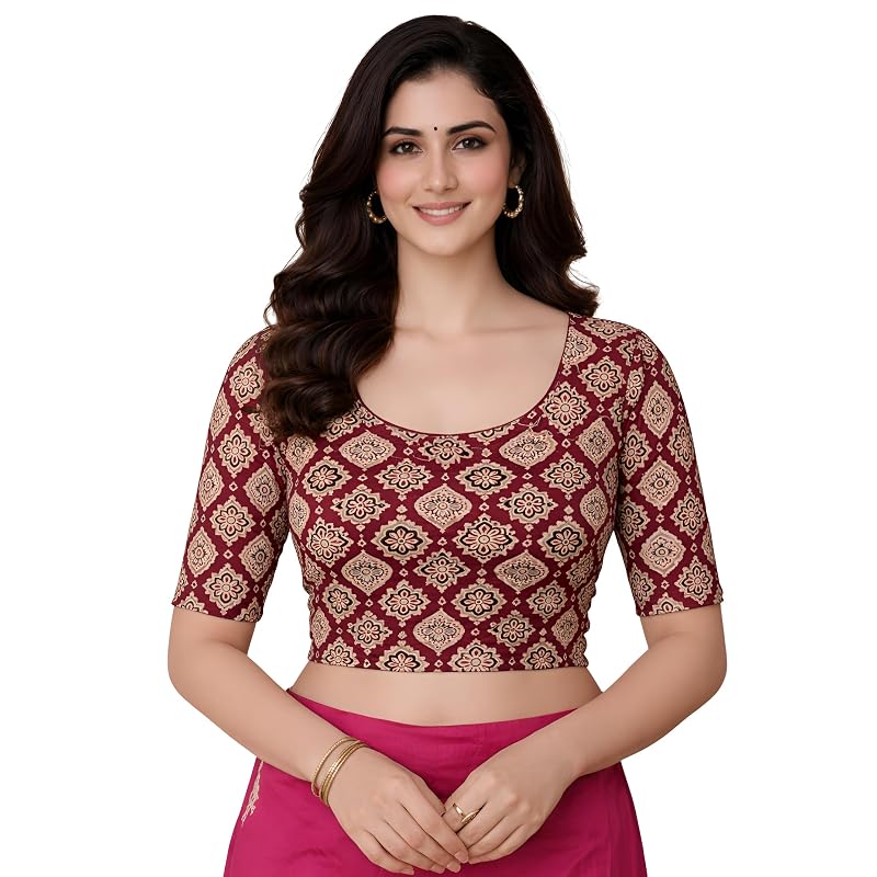 Amazon Brand Anarva Women' Kalamkari Print Cotton Stretchable Round Neck Readymade Saree Blouse (KalamkariBlouseSoi