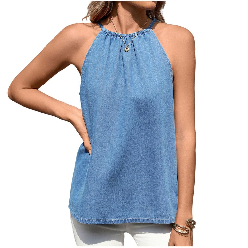 Ärmelloses Denim-Neck-Top für Damen Lockerer Schnitt Leichtes Lässiges Pullover-Tanktop für den Alltag
