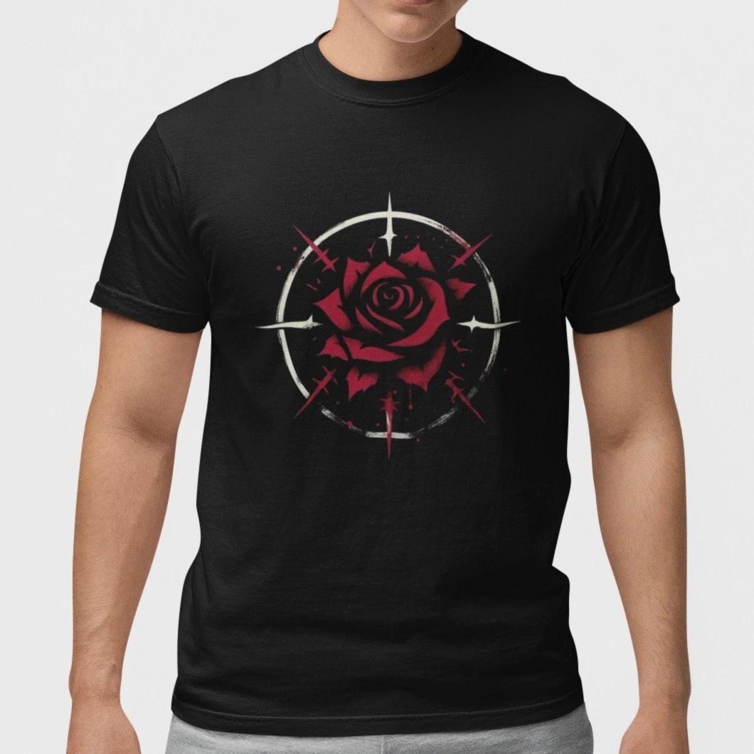 Red Rose Sunburst Graphic 100% Cotton Black T-Shirt Vintage Floral Art Tee XXXXL