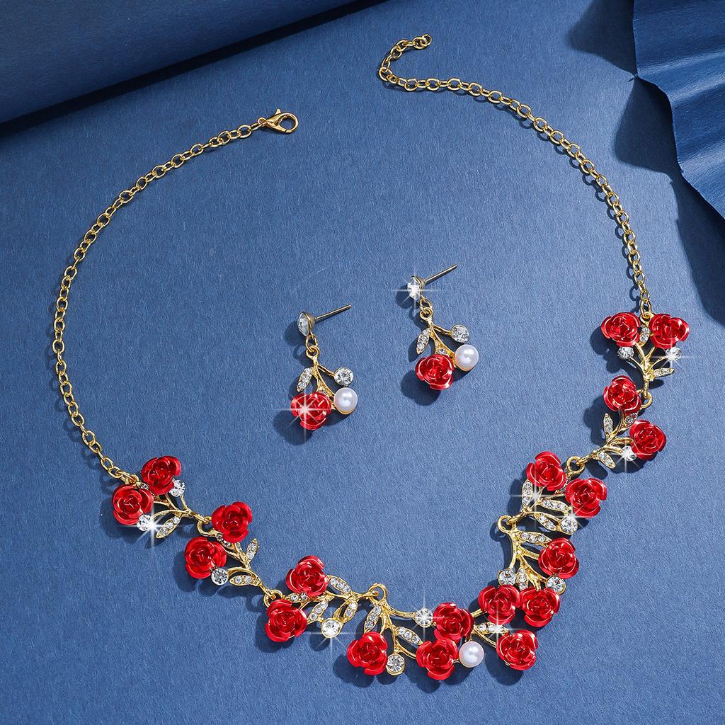 Two-Piece Jewelry Necklace Set Exaggerated Retro Alloy Red Rhinestone Earrings Necklace Women