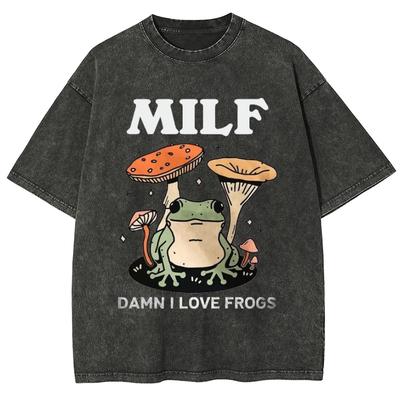 Milf Verdammt ich liebe Frösche Schneeflocke Gewaschen T-Shirt Männer Frauen Unisex Vintage Gewaschenes T-Shirt Streetwear Retro