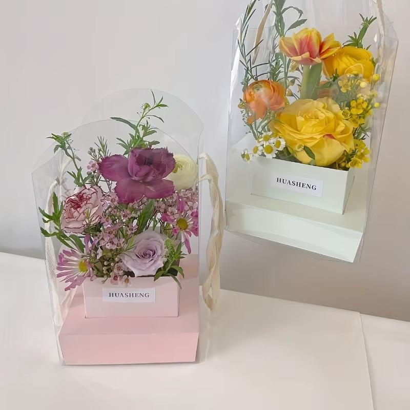 5/10pcs Large Transparent Flowers Packaging Box Tote Bag Art Flower Arrangement Box Plastic/Paper Flower Gift Boxes with Cutouts