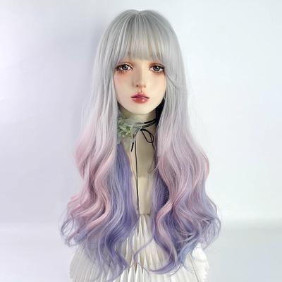Professional  Rainbow Gray White Pink Purple Gradient Long Lolita Wavy Women Wig with Bangs Synthetic Fluffy Wig for Party Cosplay