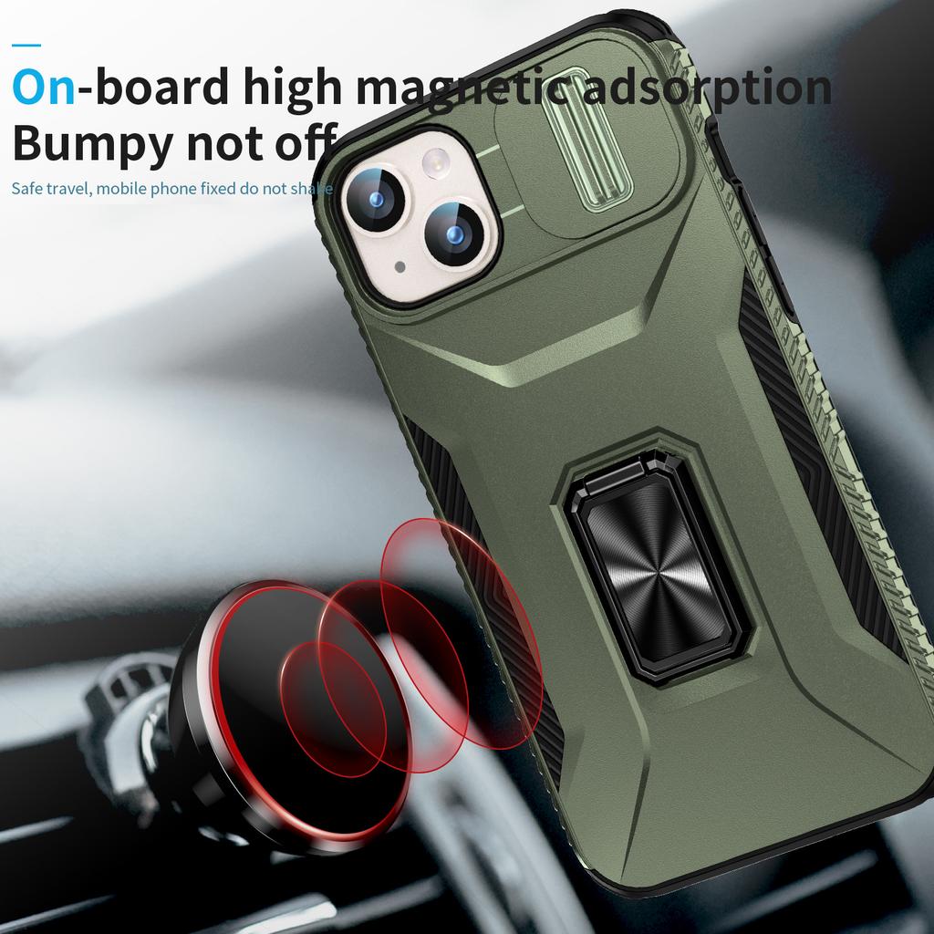 For iPhone 15 Plus/14 Plus Case Camshield Kickstand TPU+PC Anti-Slip Phone Cover