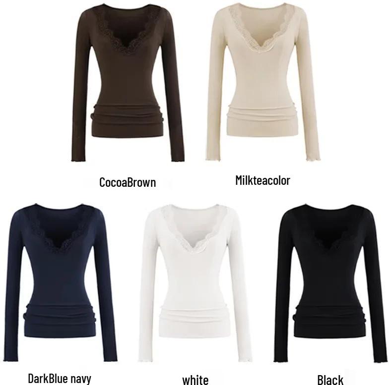 T-shirt da donna a manica lunga in pizzo con scollo a V, vestibilità slim, per Autunno/Inverno