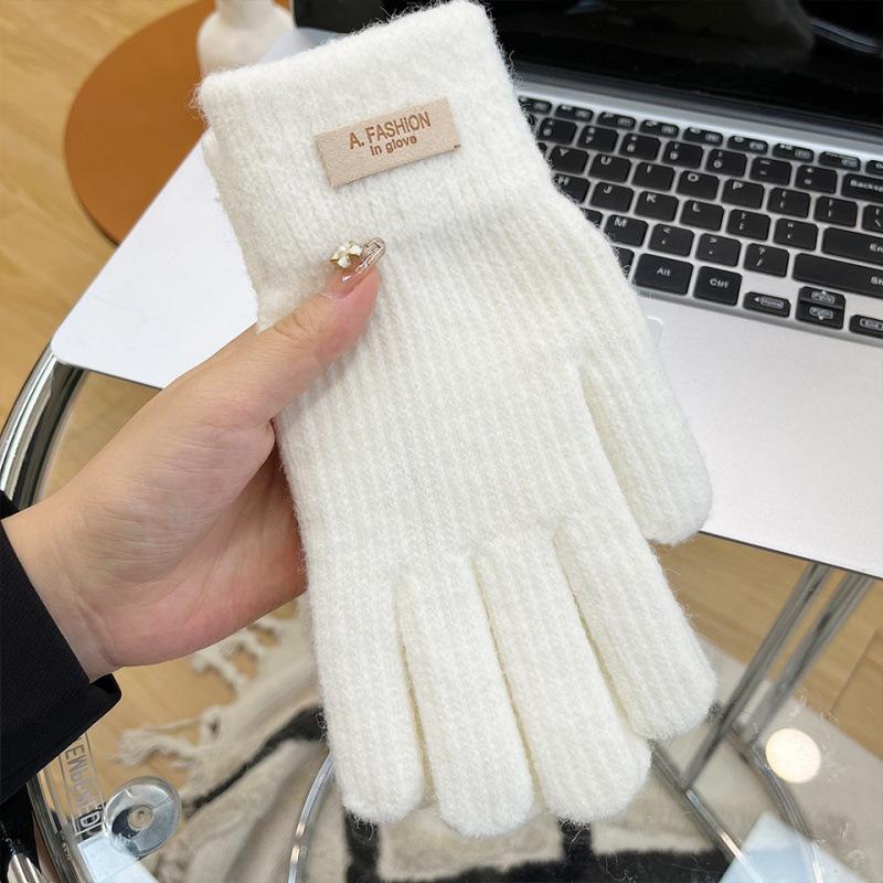 Korean Knitted Wool Gloves Women's Winter Cold Protection Thickened Velvet Candy Color Cycling Bare Fingers Five Fingers