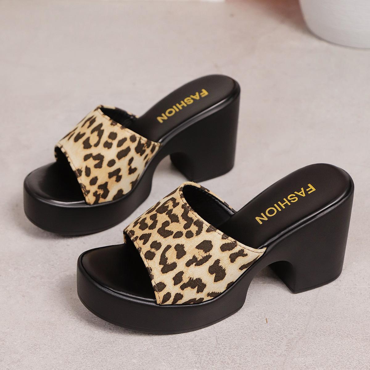 

New European and American high-heeled slippers leopard print summer thick heel temperament wear cool slippers fashion open toes 43