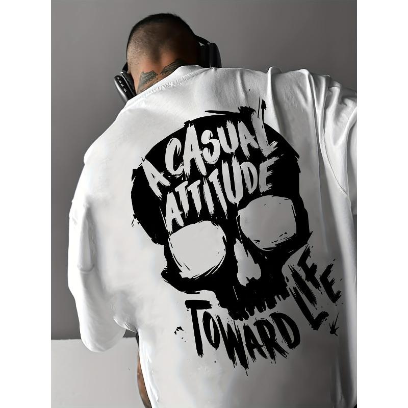 

European sizes Men s Casual Streetwear T-Shirt with Skull Graphic Print - Loose Fit Round Neck Summer Tee, Breathable Fabric for Casual Attire 4XL білий
