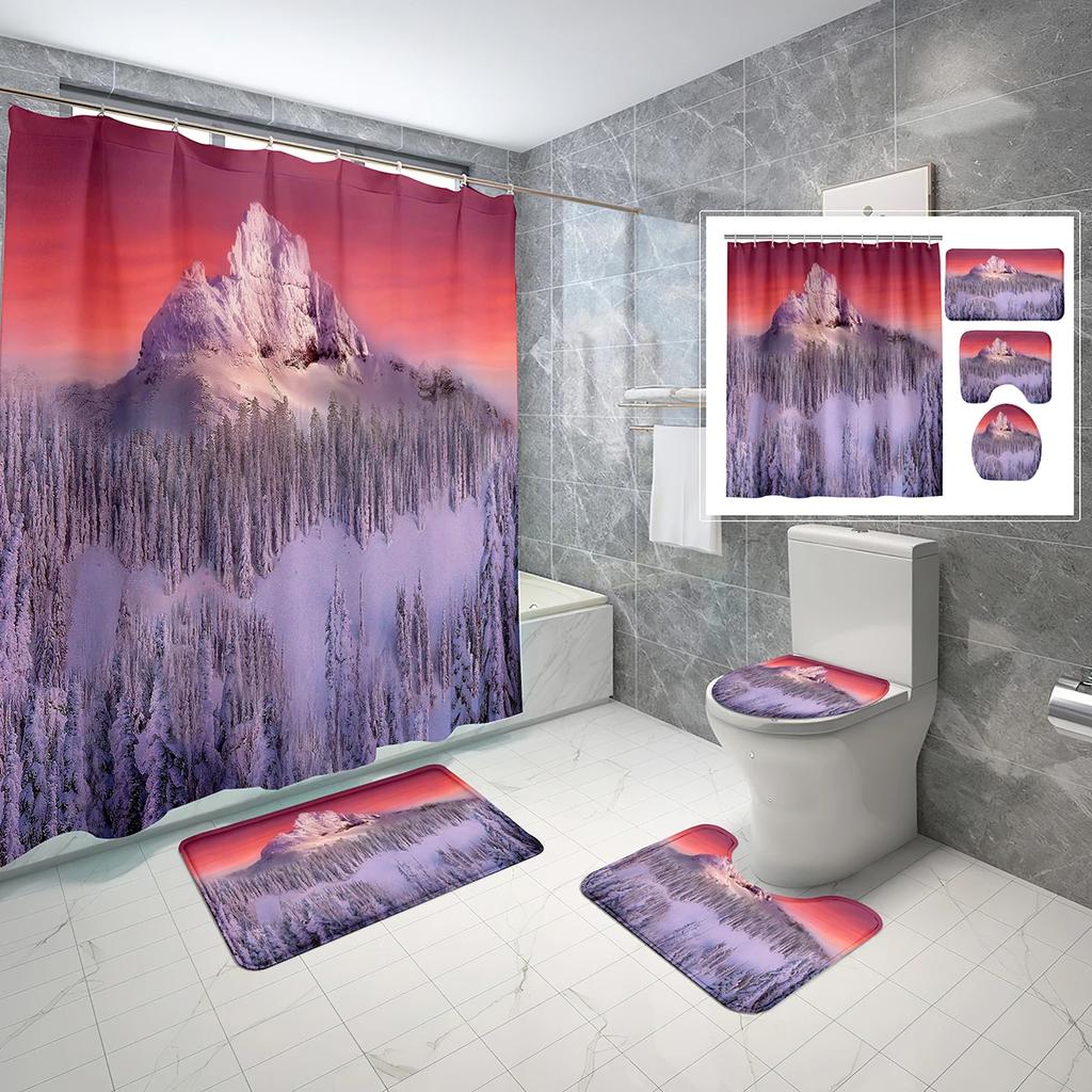Schneeberg Duschvorhang-Set Schöne Naturlandschaft Duschvorhang Rutschfeste Badematte Toilettendeckelbezug Für Badezimmerdekoration