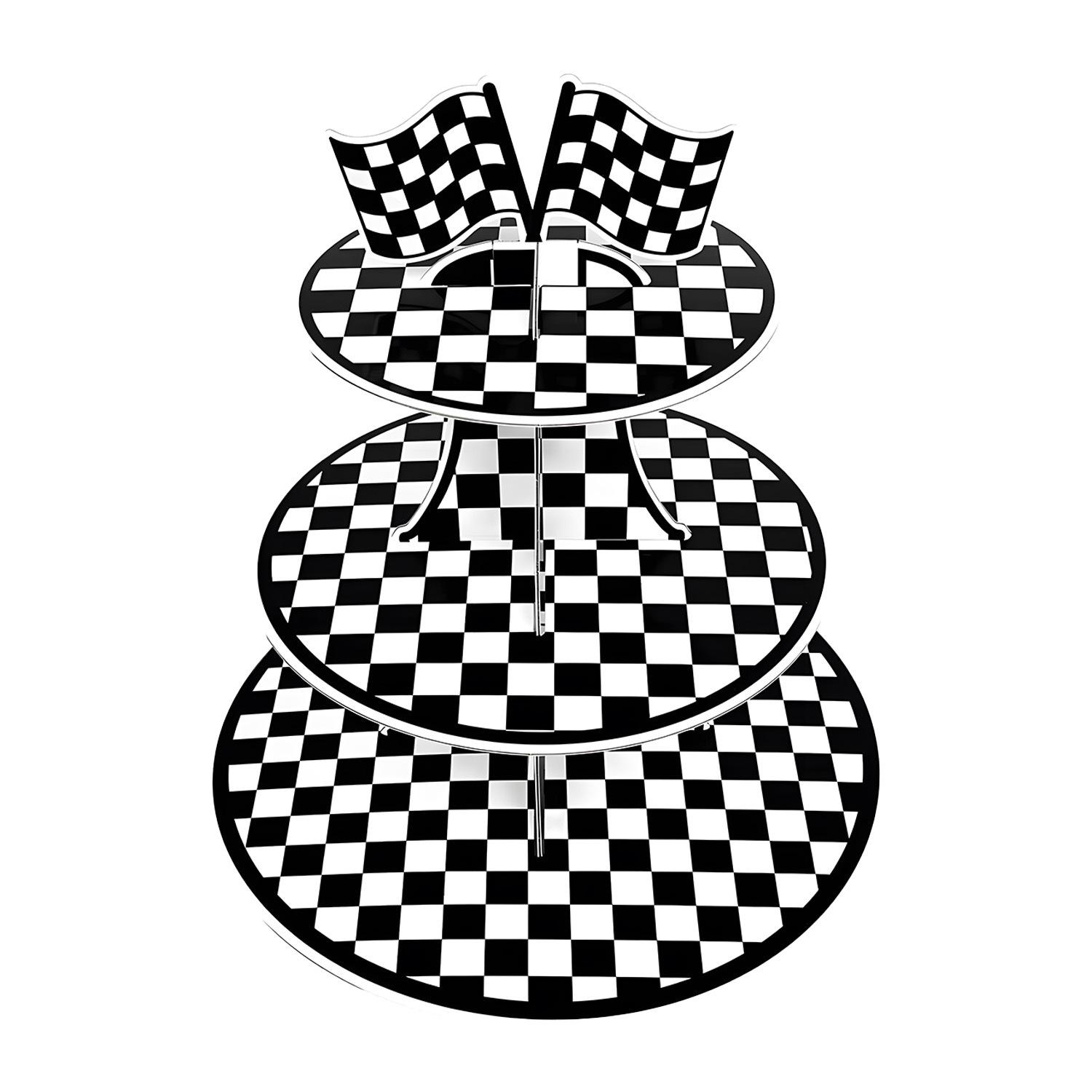 

Black And White Plaid Racing Theme Three-Layer Paper Cake Stand Cake Dessert Ornament Table Pie Black and White Cake Rack
