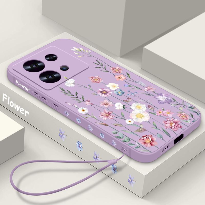 Luxury Purple Flower Case For Xiaomi 13T 11T Pro Poco F6 X6 Pro Funda Redmi Note 14 Pro 5G 13 12 11 Silicone Lanyard Cover