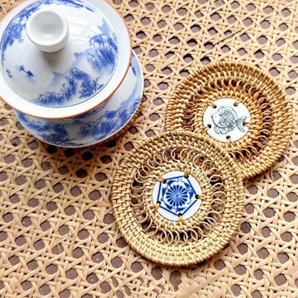 Handmade Vietnamese Rattan Ceramic Coaster Rattan Weaving Drink Cup Mat Teacup Mat  Craft