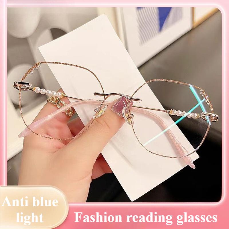 Fashion Diamond Trimmed Frameless Reading Glasses Anti Blue Light HD Vision for Women Men