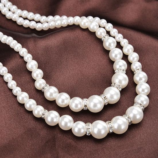White Faux Pearl Necklace Ladies 2 Strands Beads Choker Elegant Layered Necklace Jewelry for Dating Weddings Parties
