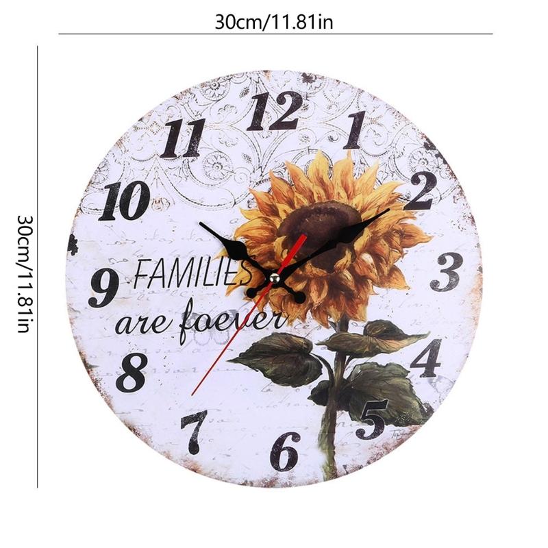 Analog Sunflowers Wall Clock 30cm with Large Arabic Numerals, Farmhouse Wooden Floral Wall Decors for Dining Area and Hallway