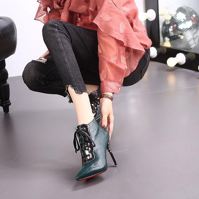Fashion FHC 2024 New Women Naked Boots,High Heeled Autumn Shoes,Short Botas,Front Lace-up,Pointed Toe,34-39,Black,Green,Dropship