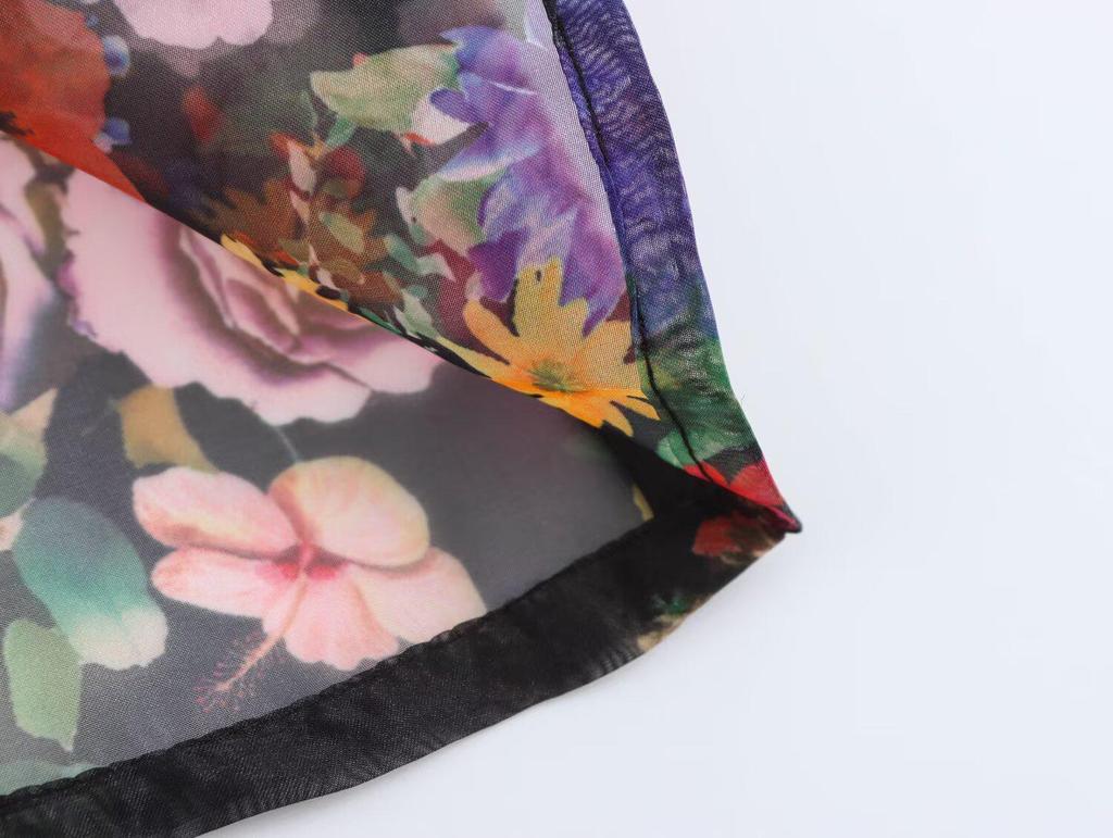 2025 Spring Women's European & American Organza Print Puff Sleeve Shirt