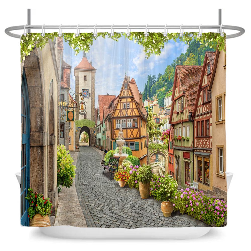 Beautiful Seaside Garden 3D Print Shower Curtain Rural Flower Scenery Bathroom Waterproof Bathtub Curtain Home Decor With Hooks
