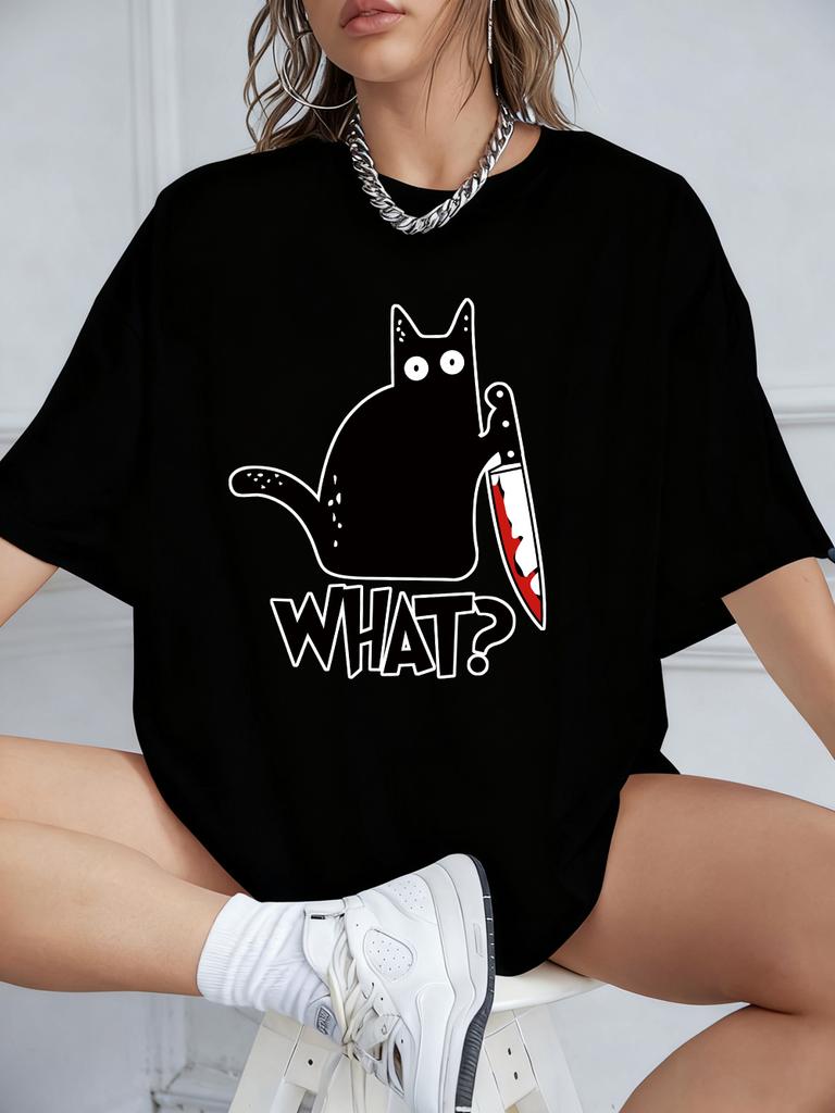 Schwarze Katze mit Messer Aufdrucken Kurzarm T-Shirts Damen Sommer Baumwolle T-Shirts Locker O-Ausschnitt Weiche Oberteile Streetwear