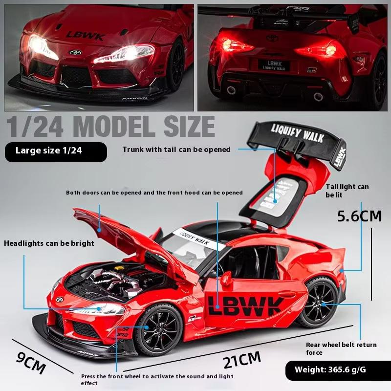 Toyota Supra Rennwagenmodell aus Legierung im Maßstab 1/22, Druckguss, Ton und Licht, Pullback-Soundeffekt, Dekoration, Sammlung, Ornamente, Geschenk für Jungen