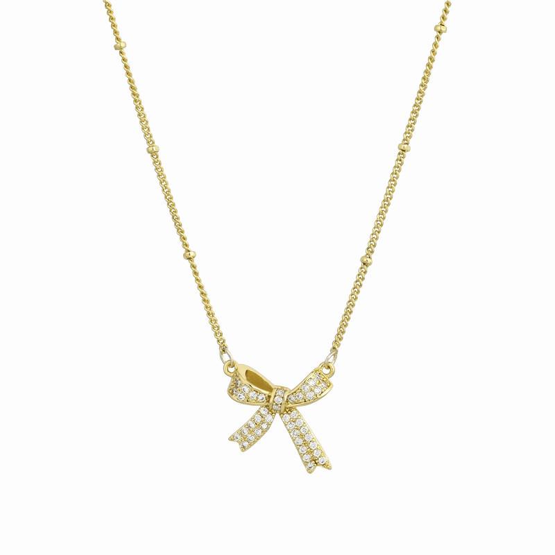 18K Gold Zircon Copper Bow Necklace with Full Diamond Clavicle Chain
