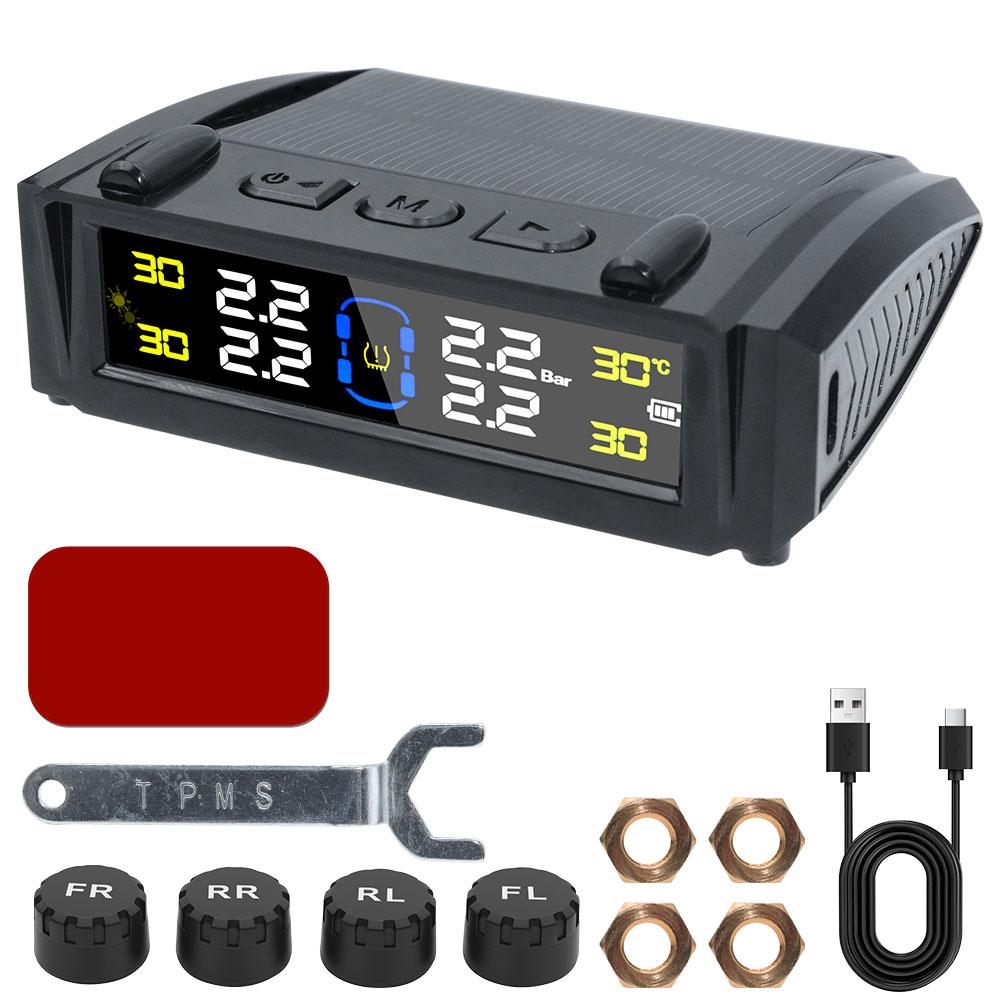 Digital LCD Display Tire Pressure Monitoring System Temperature Warning USB / Solar Power Car TPMS 0-6Bar Waterproof